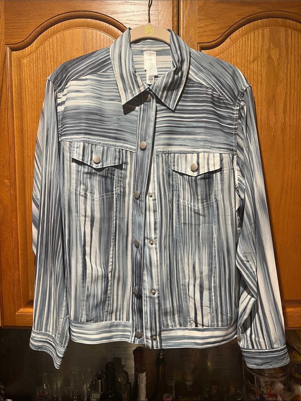 Women's Blue Striped Button-Front Shirt Jacket: / Semi Sheer